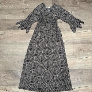 LAPOGEE Women's Midi Maxi Dress Geometric Print Fairy Sleeves Vamp Size L Dark